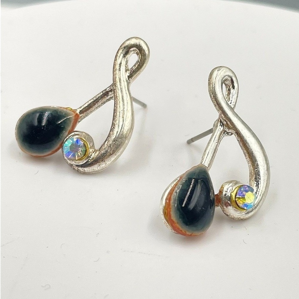 Silver-Tone Black Iridescent Crystal Enamel Teardrop Musical Note Studs Earrings